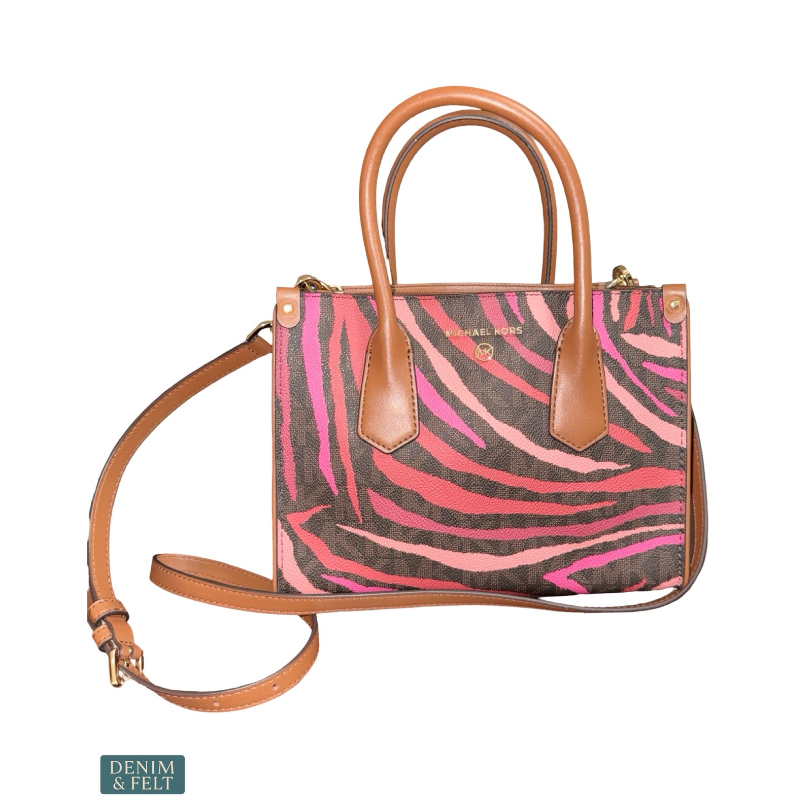 Michael Kors Maple Small Satchel Zebra Print Brown Multi Crossbody Bag Pink